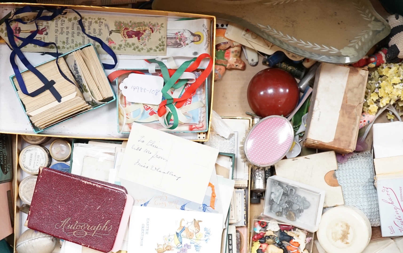A collection of old advertising rouge boxes, button boxes, mixed sewing cases, cards and a mid 20th century autograph album. Condition - varies